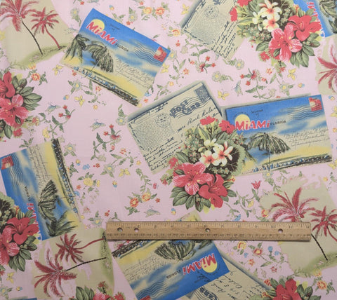 Lauren Lee Ltd for JoAnn Fabrics - Pink Fabric / Tossed Vintage Miami Postcard and Tropical Flower Print