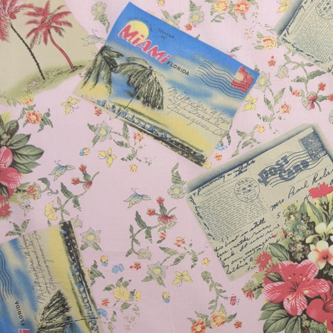 Lauren Lee Ltd for JoAnn Fabrics - Pink Fabric / Tossed Vintage Miami Postcard and Tropical Flower Print