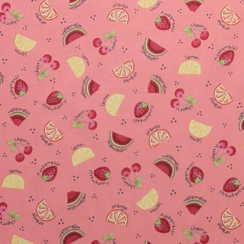 Lauren Lee Ltd for JoAnn Fabrics - Pink Fabric / Red, Yellow, Green, Orange Tossed Summer Fruit Print