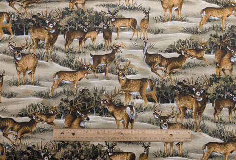 Hi Fashion Fabrics - Tan, Brown, White, Green Deer Print Fabric