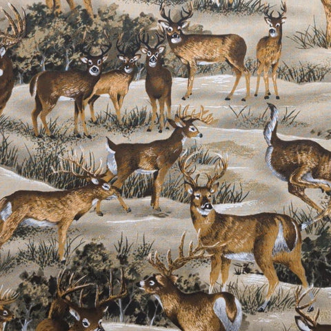 Hi Fashion Fabrics - Tan, Brown, White, Green Deer Print Fabric