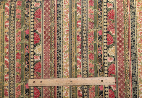 Oriental Traditions 10784 Robert Kaufman - Red, Green, Gold, Black, White Floral and Scroll Stripe Fabric / Gold Metallic Accents