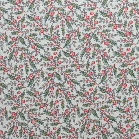 Williamsburg Susannah 43379 Windham Fabrics 2017 The Colonial Williamsburg Foundation - White Fabric / Gray, Green, Red Packed Leaf, Berry Print