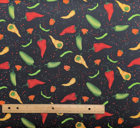 Salsa Picante Lorilynn Simms ALS-51444 - Black Fabric / Red, Yellow, Green, Orange Tossed Hot Chili Pepper Print