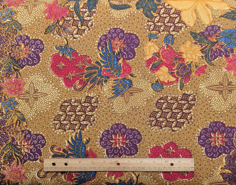 BATIK - Pokok Kelap - Vintage Indonesian/Malaysian Coconut Tree Gold Fabric/Jewel-Tone Red, Blue, Purple, Pink, Green Floral/Medallion Print
