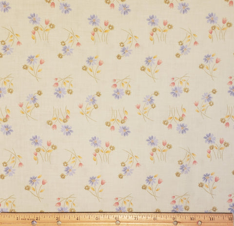 Pale Mint Reproduction Style Fabric with Blue, Pink, Green Flowers - Selvage to Selvage Print