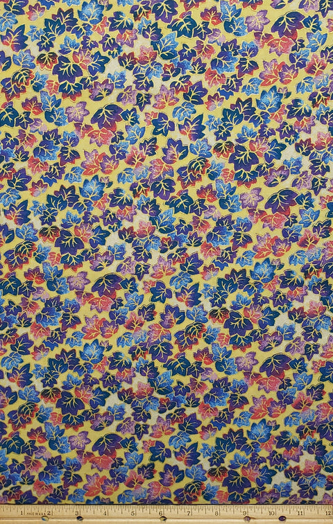 Pale Mottled Gold Fabric with Blue and Red Leaf Print with Gold Metallic Veins