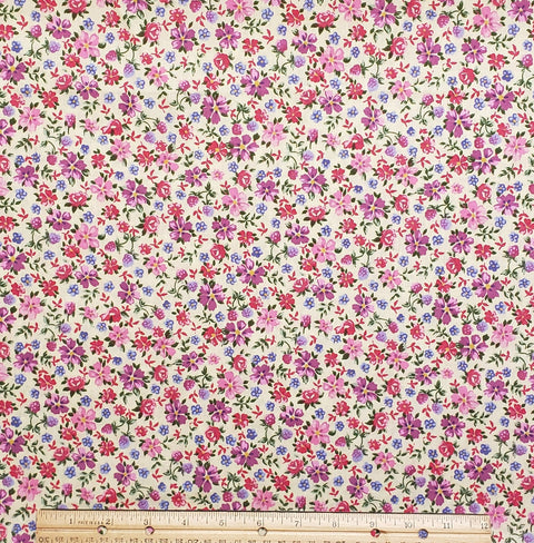 Pale Yellow Fabric / Dark Pink, Pink and Lavender Flower Print