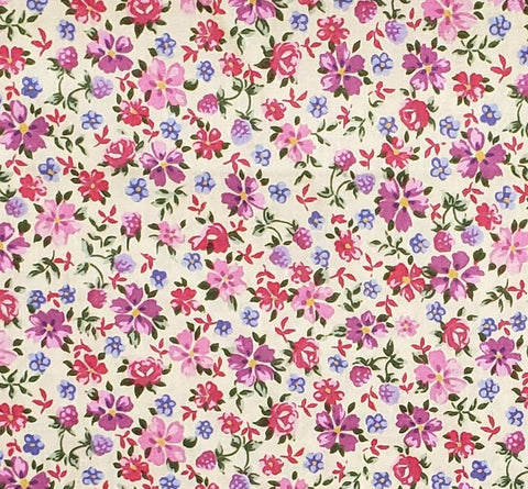 Pale Yellow Fabric / Dark Pink, Pink and Lavender Flower Print