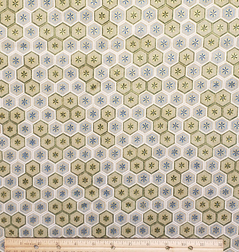 Legacy Studio "Kimono Collection" Screen Print D#8623 - Tan, Blue and Green Hexagon Print Fabric / Gold Metallic Detail