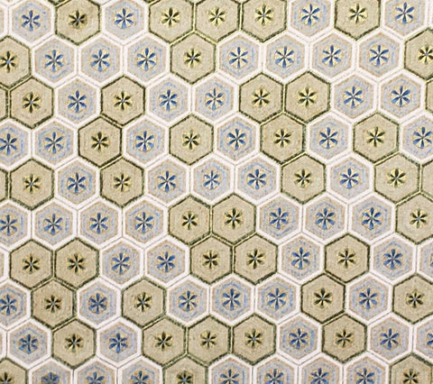 Legacy Studio "Kimono Collection" Screen Print D#8623 - Tan, Blue and Green Hexagon Print Fabric / Gold Metallic Detail
