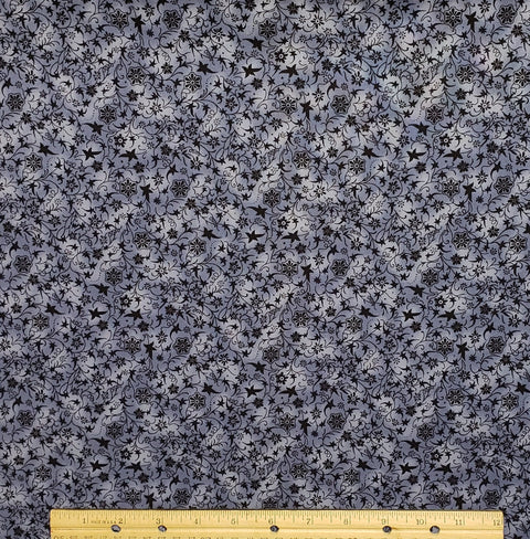 Jo-Ann Stores - Blue Gray Tonal Fabric / Black Flower and Vine Print