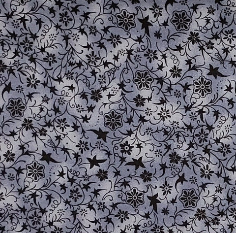 Jo-Ann Stores - Blue Gray Tonal Fabric / Black Flower and Vine Print
