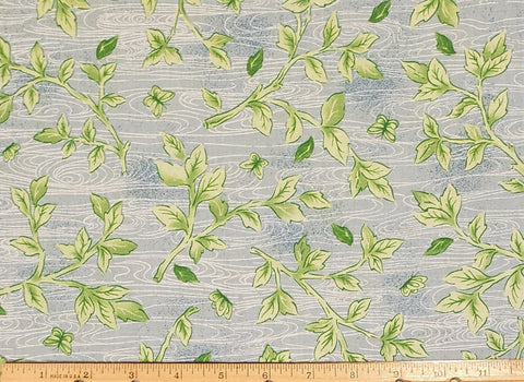 Medium Blue Water Print Fabric with White Waves and Green Branches - Selvage to Selvage Print