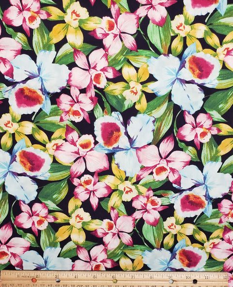 JoAnn Fabric and Craft Stores - Dark Blue Fabric with Pink, Blue and Yellow Iris Print