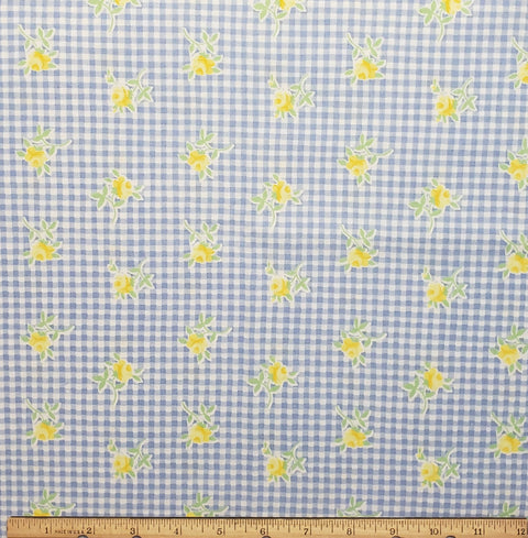 Fabric Traditions 2000 - Light Blue Gingham-Style Print / Scattered Yellow Rose Print