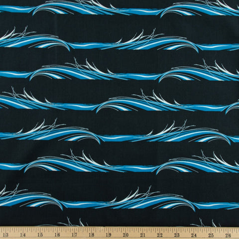 Charley Harper Hawaiian Volcanoes for Birch Fabrics - Black Fabric / Blue and White 'Wave Stripe' - Stripe Runs Parallel to the Selvage
