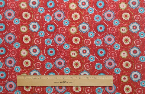 Red Fabric / Pink, Turquoise, Green and White Retro Flower Print - Selvage to Selvage Print