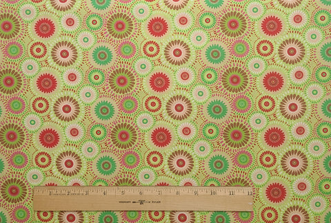 Spring Green Fabric / Red, Brown, Peach, Bright Pink Retro Flower Print - Selvage to Selvage Print