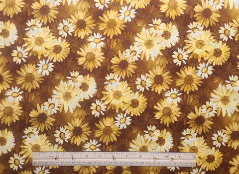 Nature's Design Style #C512 by Hoffman California Intl Fabrics - Medium Brown Tonal Fabric / Gold, White, Pale Yellow Flower Pattern