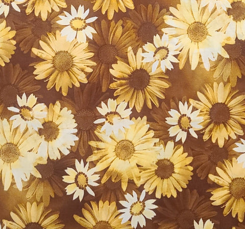Nature's Design Style #C512 by Hoffman California Intl Fabrics - Medium Brown Tonal Fabric / Gold, White, Pale Yellow Flower Pattern