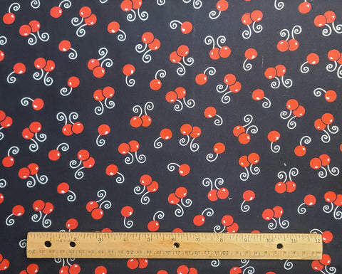 Patt #6459 Blank Quilting - Black Fabric / Red Cherry / White Swirled Stem Print