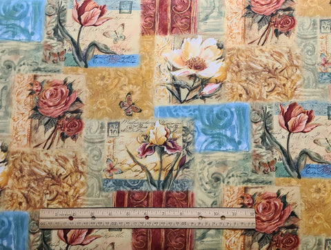 CP31299 Fleurs du Printemps Floral Patch Legacy Studio-Gold, Dark Gold, Brick Red, Sky Blue, Green French Postcard, Floral & Butterfly Print