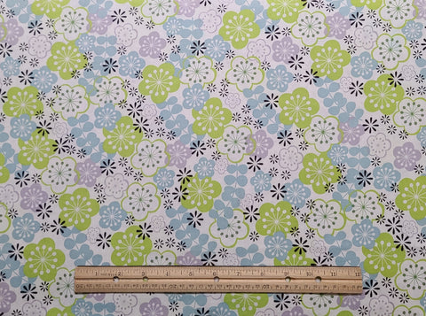 B35-HHH!-P22 2010 Brother Sister Design Studio - White Fabric / Bright Green, Pastel Blue, Pastel Purple, Black Flower and Leaf Print