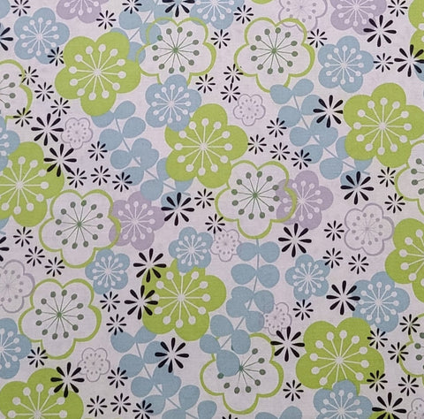 B35-HHH!-P22 2010 Brother Sister Design Studio - White Fabric / Bright Green, Pastel Blue, Pastel Purple, Black Flower and Leaf Print