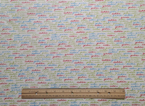 Fresh Flowers by Deb Strain for Moda Pattern #19454 - White Fabric / Bright Green, Blue, Raspberry Flower Script Print (Parallel to Selvage)