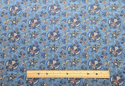 Light Blue Fabric / Blue, White, Red Paisley Flower Print - Selvage to Selvage Print