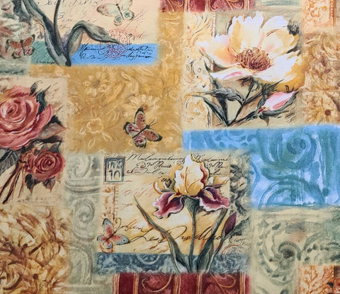 CP31299 Fleurs du Printemps Floral Patch Legacy Studio-Gold, Dark Gold, Brick Red, Sky Blue, Green French Postcard, Floral & Butterfly Print