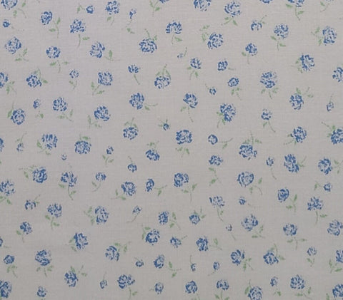 White Fabric / Blue Flower and Soft Green Leaf Print - Selvage to Selvage Print